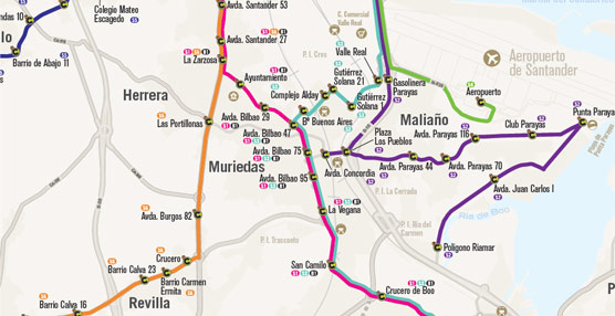 Plano de la red de autobuses de cercanías en la zona de Muriedas (Cantabria).