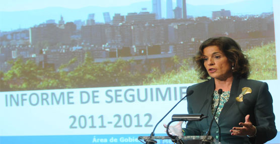 La alcaldesa de Madrid, Ana Botella, durante la presentación del informe de seguimiento del Plan de Calidad del Aire.