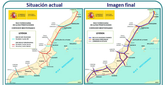 Trazado español del Corredor ferroviario del Mediterráneo, antes y después de su construcción, según el Ministerio de Fomento.