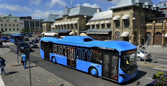 Recreación del sistema de transporte público de Gotemburgo con los nuevos autobuses de Volvo.