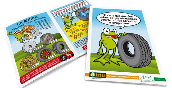 A través del personaje de una rana, el comic de TNU explica a los más pequeños lo que hay detrás del reciclado de neumáticos. 