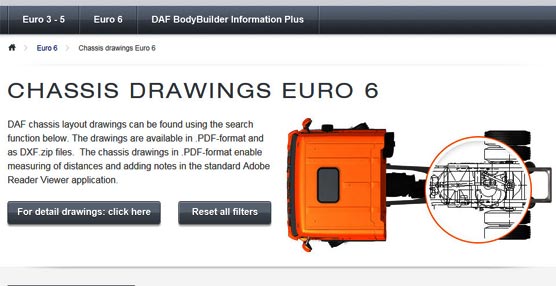El nuevo sitio web de DAF incluye ahora planos todavía más detallados del chasis, hojas de especificaciones y planos CAD de los componentes. 