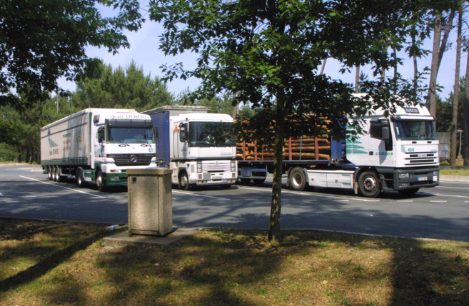 Camiones aparcados en un área de descanso.
