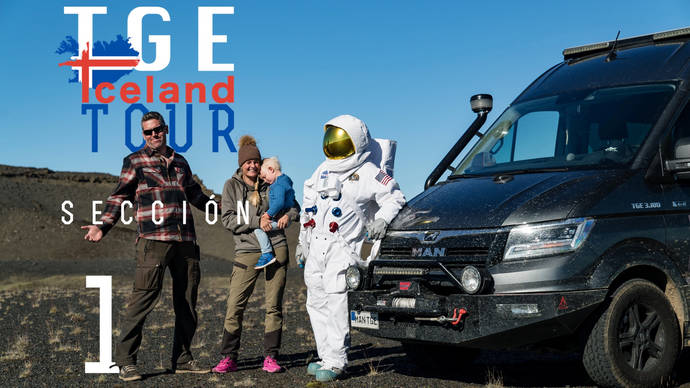 Imagen del aventurero Max Hunt con su familia y la MAN TGE, en Islandia.