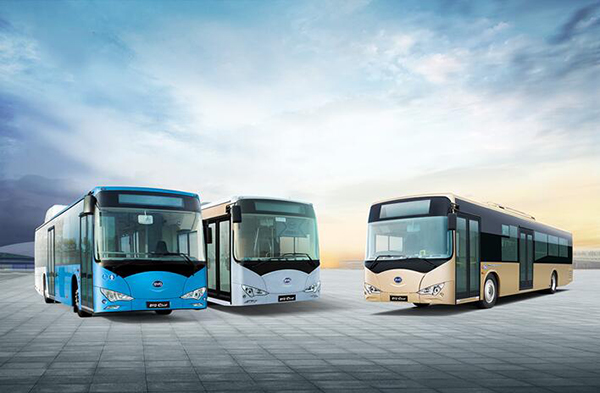 Diferentes modelos de autobuses de BYD.