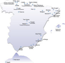 Mapa de lugares donde Alsa presta servicios urbanos.