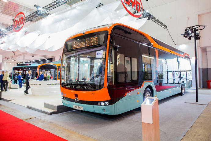 El último modelo de autobús eléctrico de 12 metros de BYD, en Busworld.