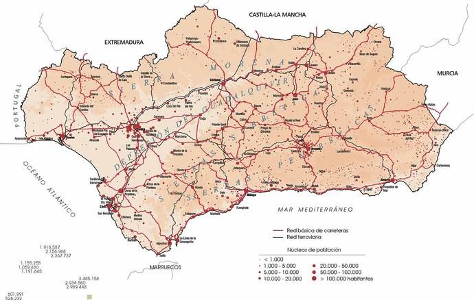 Red de carreteras y ferroviaria de Andalucía.