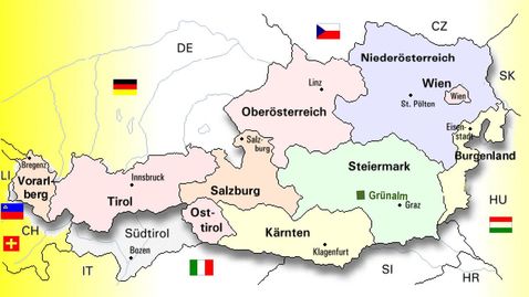 Mapa de Austria, el Tirol se encuentra en el Suroeste del país.