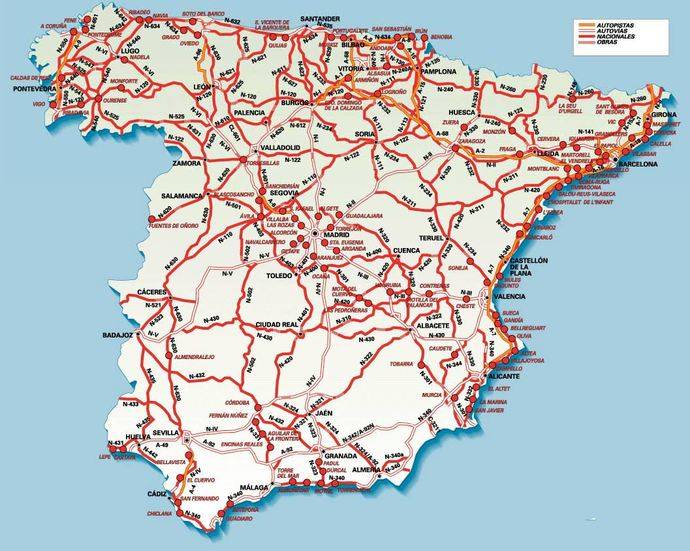 Mapa con las principales carreteras españolas.