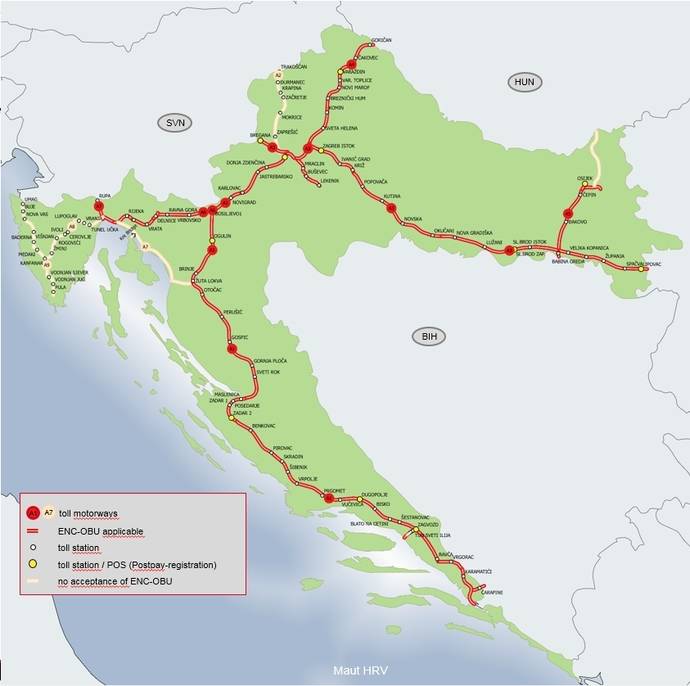 Mapa de Croacia, con las carreteras de peaje que posee.