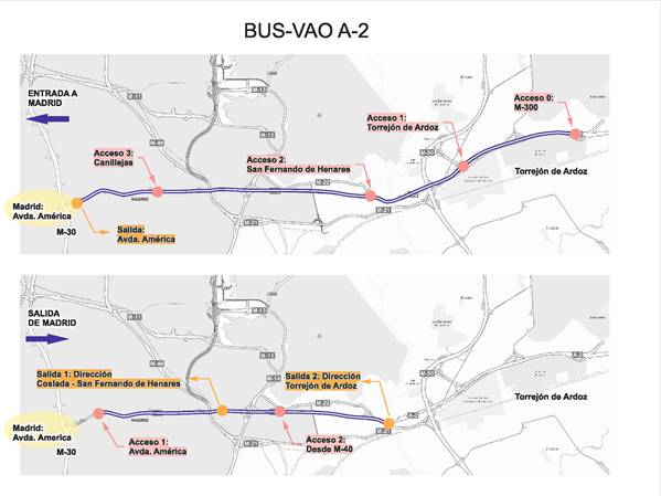 Mapa del nuevo carril Bus-VAO en la A-2.