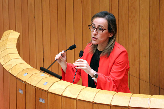 Ethel Vázquez, consejera de Infraestructuras y Vivienda gallega, durante su intervención en el Pleno de la Cámara autonómica.