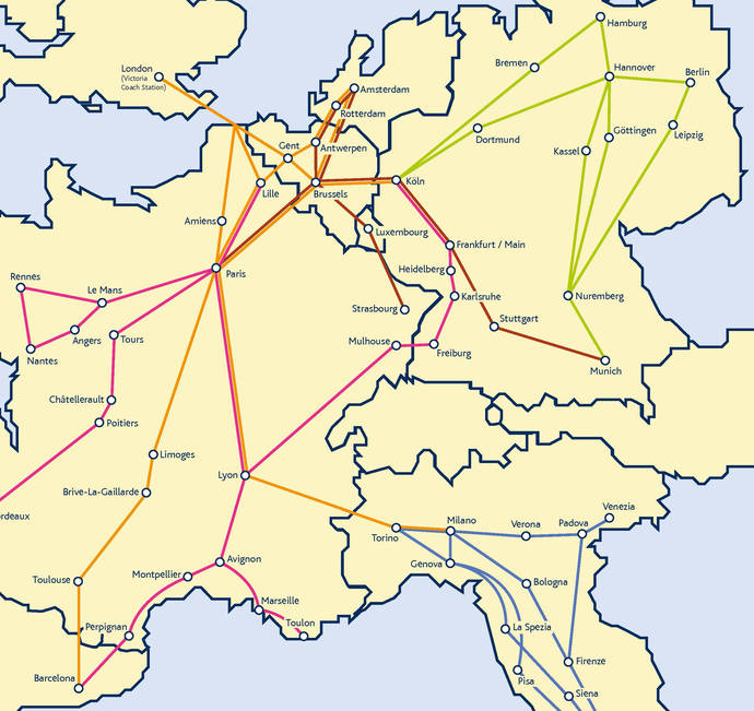 Rutas de megabus.com a lo largo de Europa.