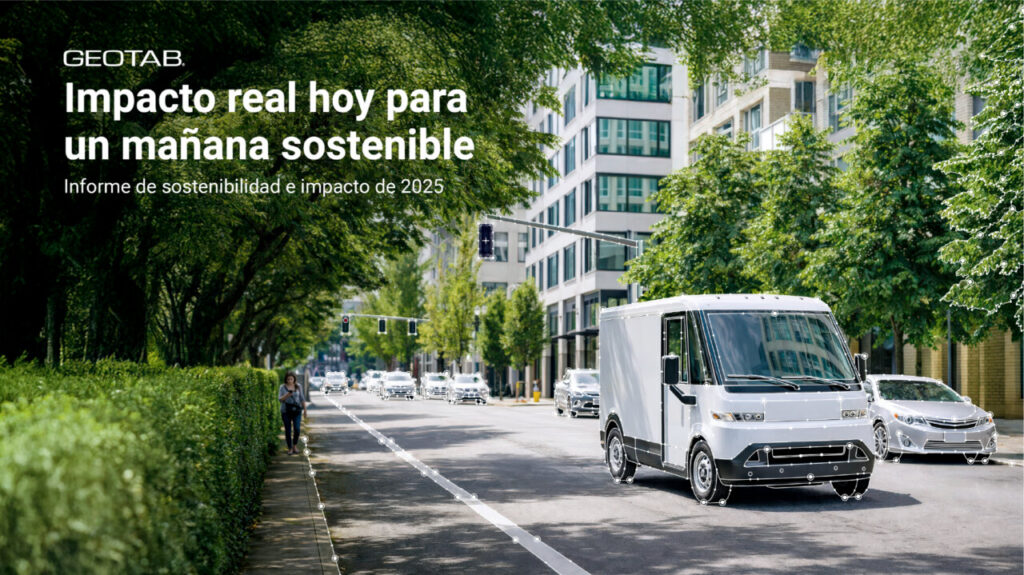 Camión eléctrico en una calle con árboles y edificios modernos