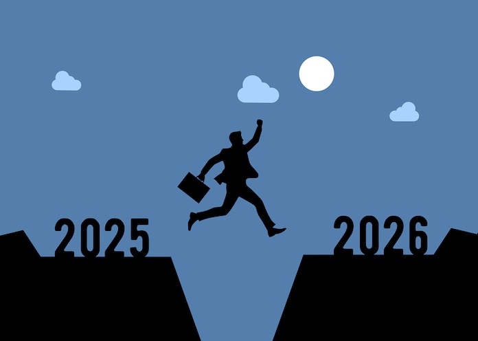 Ilustración de un hombre saltando del año 2025 al 2026