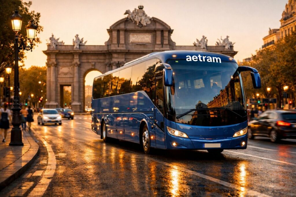 Autobús de Aetram circulando por una calle de Madrid al atardecer