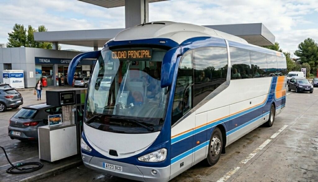 Autobús repostando gasolina en una estación de servicio