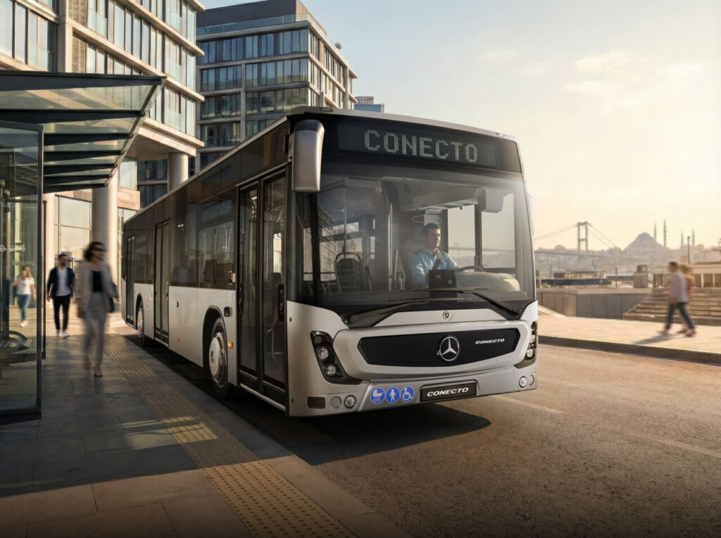 Autobús Mercedes-Benz Conecto en un entorno urbano moderno