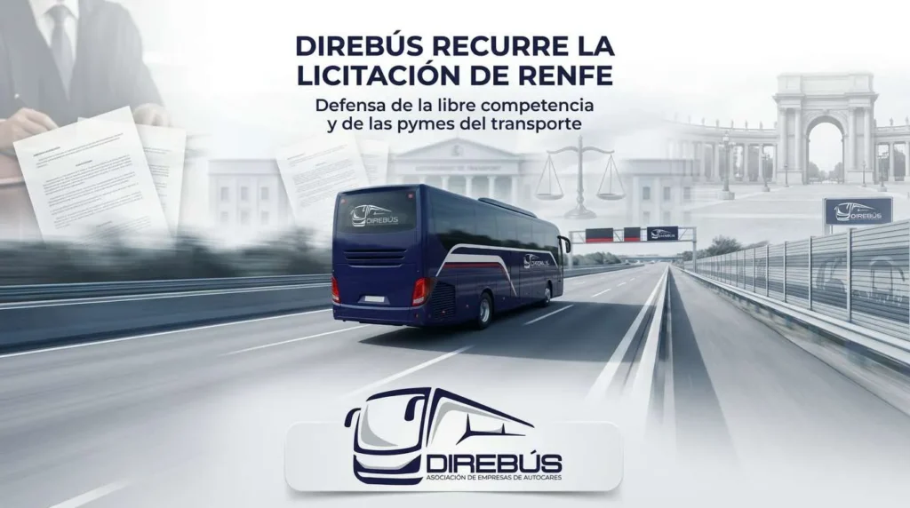 Autobús moderno de Direbús en una carretera con documentos legales de fondo