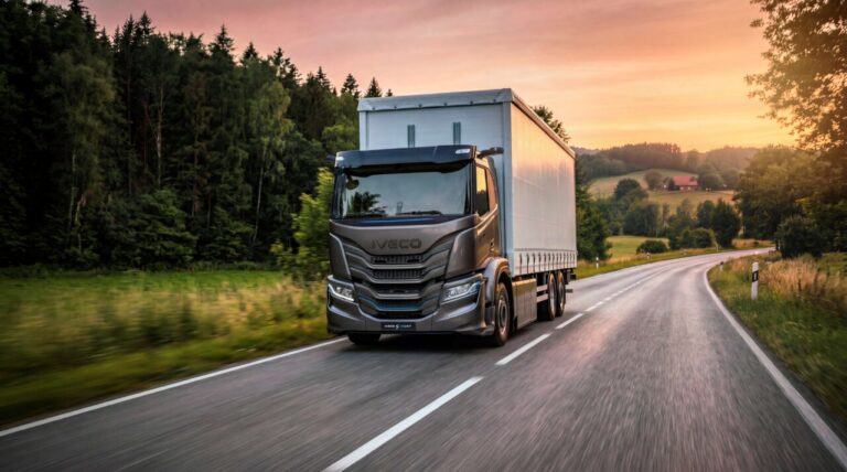Camión Iveco S-eWay rígido circulando por una carretera rural al atardecer