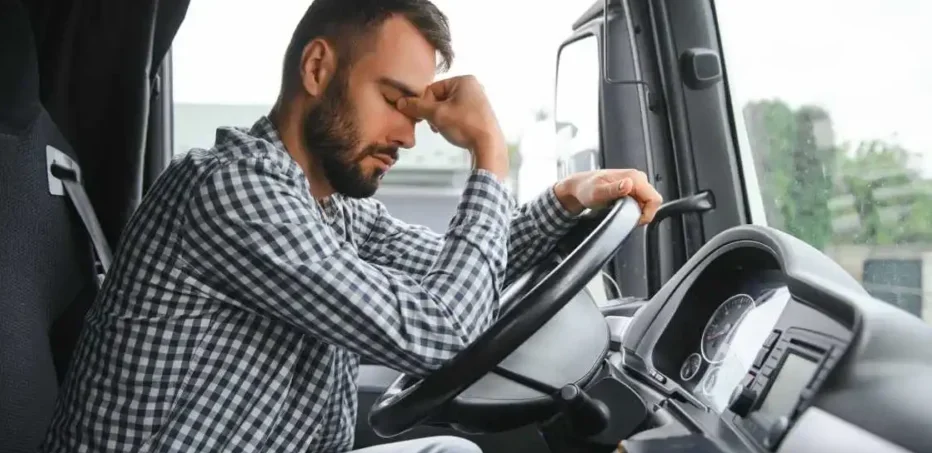 Fotografía de un hombre sentado al volante de un camión, con la mano en la frente.