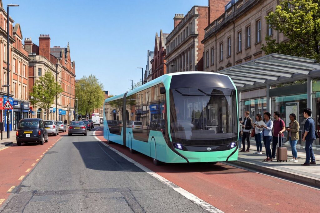 Render de un autobús eléctrico turquesa junto a una parada urbana con pasajeros esperando