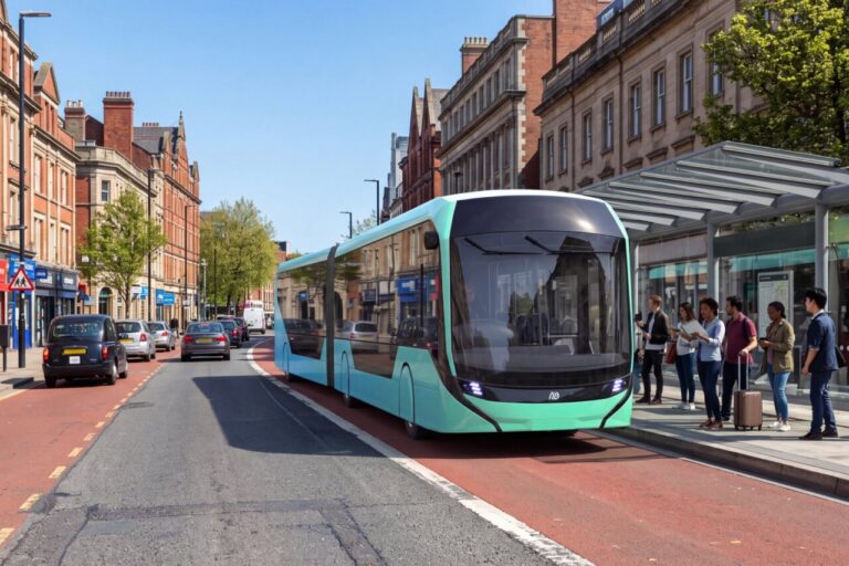Render de un autobús eléctrico turquesa junto a una parada urbana con pasajeros esperando