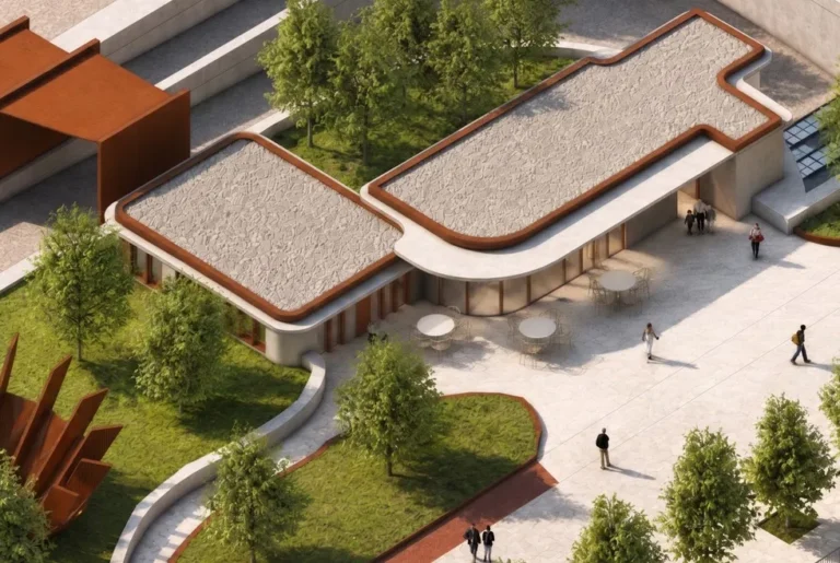 Render arquitectónico de un edificio con cubiertas claras, jardines y peatones.