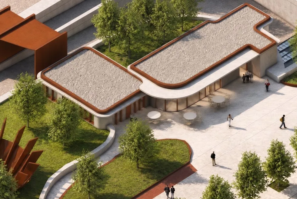 Render arquitectónico de un edificio con cubiertas claras, jardines y peatones.
